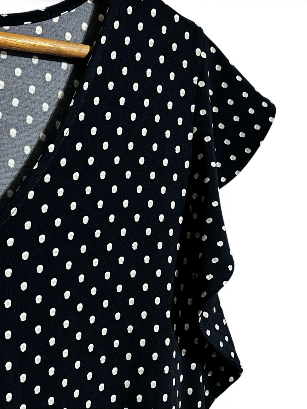 Ann Taylor Factory Navy Polka Dot Blue V-Neck Flutter Short Sleeve A-Line Dress - Picture 9 of 10